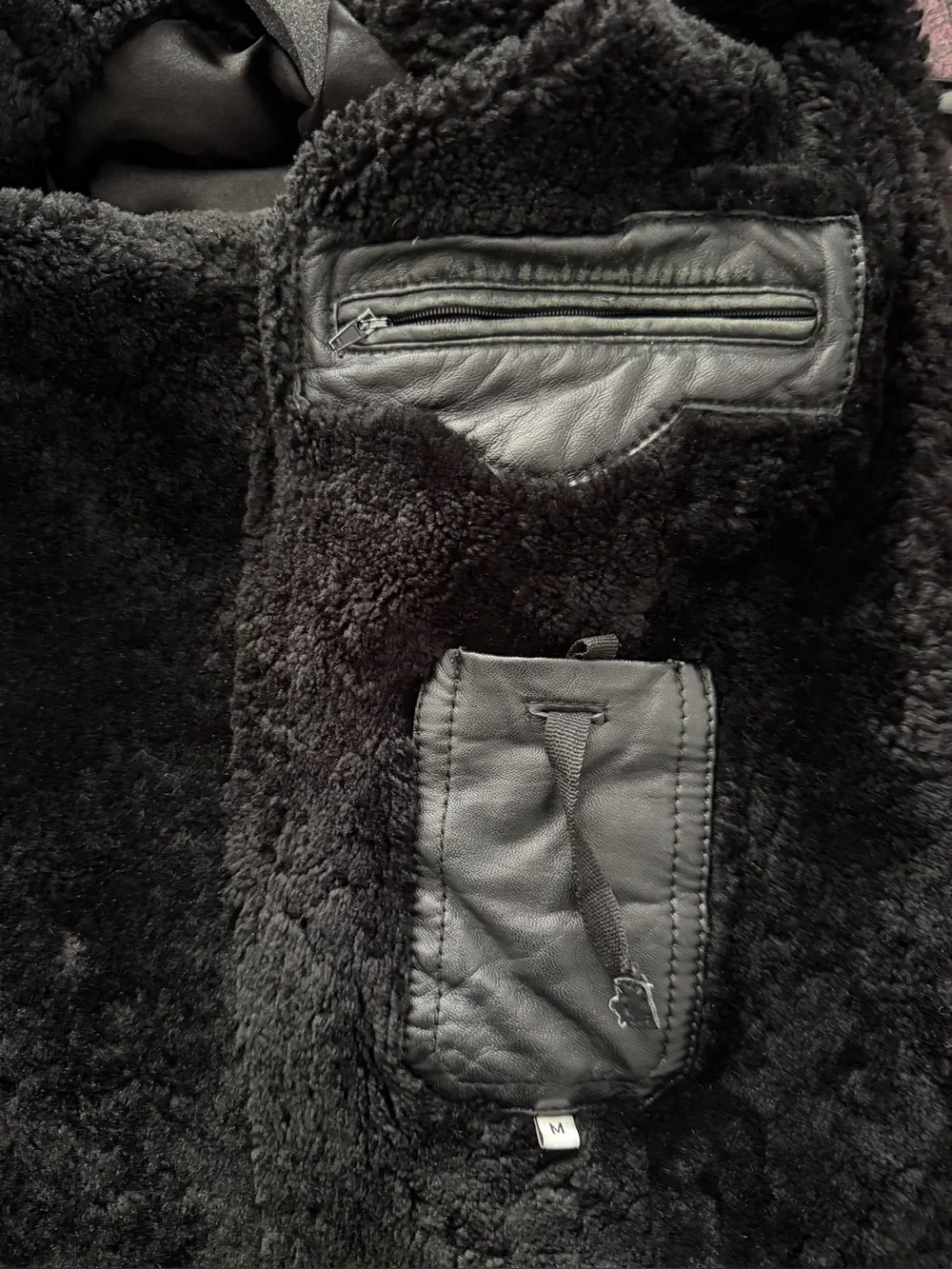 Mens Vintage Distressed Black Leather Shearling Jacket Moto Bomber Fur‎ Collar
